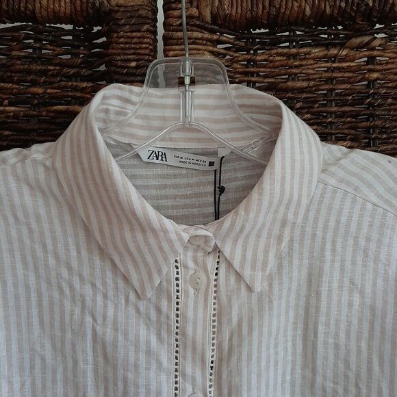 NWT Zara Linen Oversized White Button Up Boyfriend Shirt Medium Lace Minimalist - Picture 1 of 8